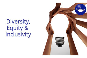 Text says 'Diversity, Equity, and Inclusivity' alongside hand making the shape of a lightbulb