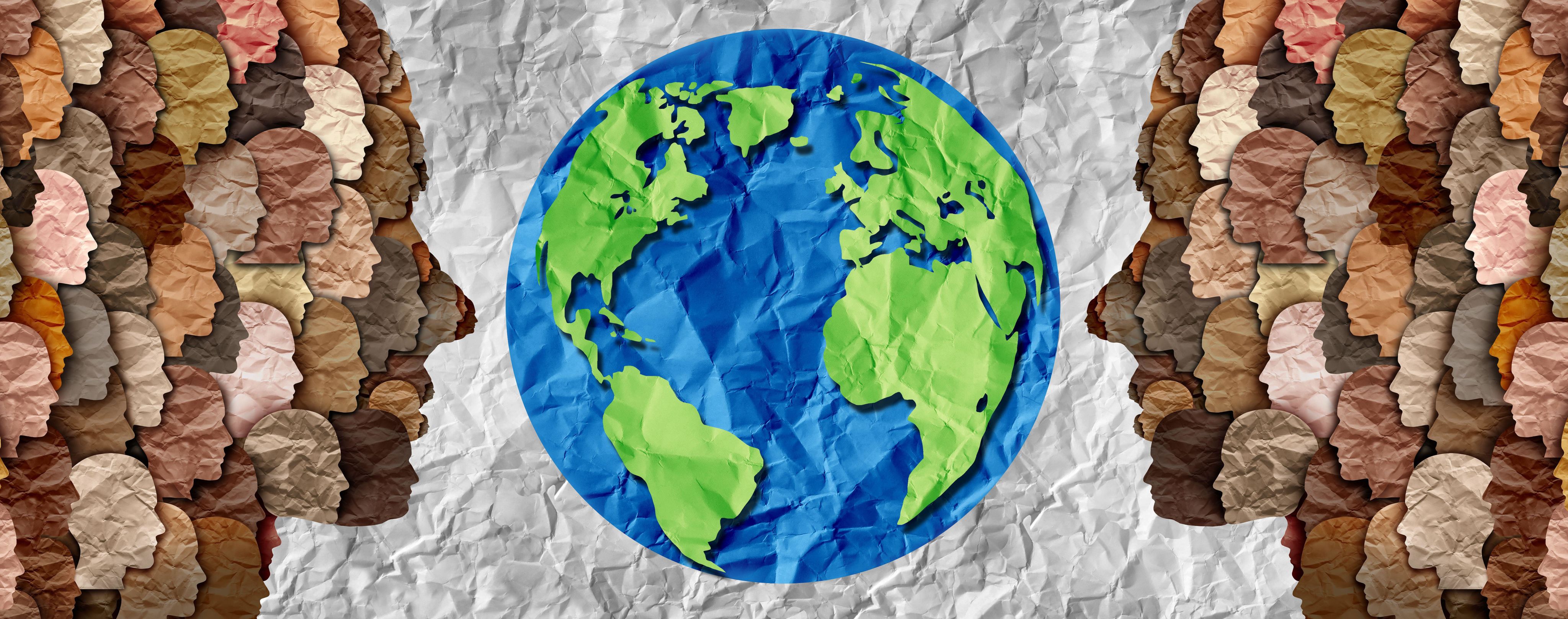 Stylized collage of people with multiple skin tones on either side of the earth.
