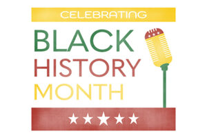 Black history month text with graphics of stars and a microphone