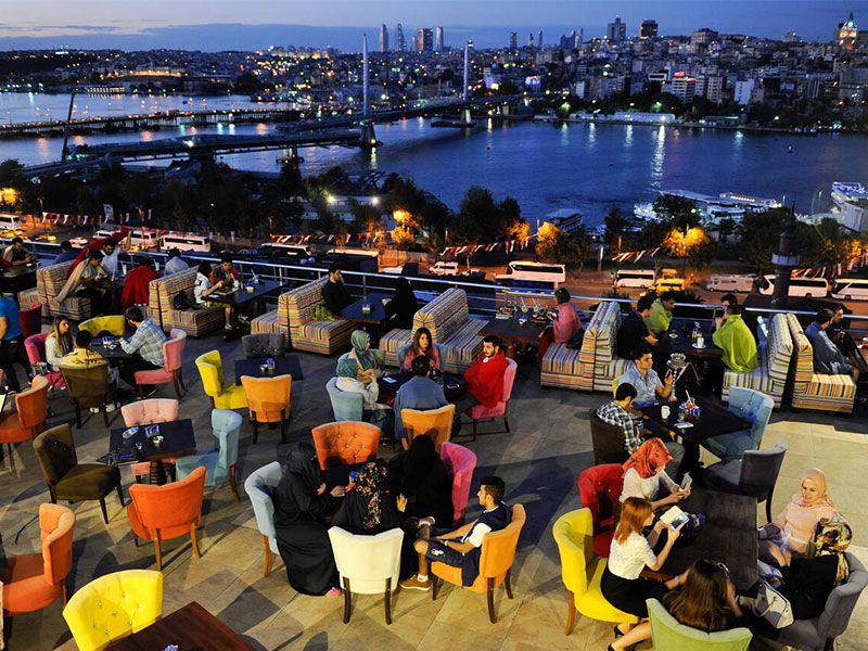 Cafe overlooking the Bosphorus in the evening in Istanbul
