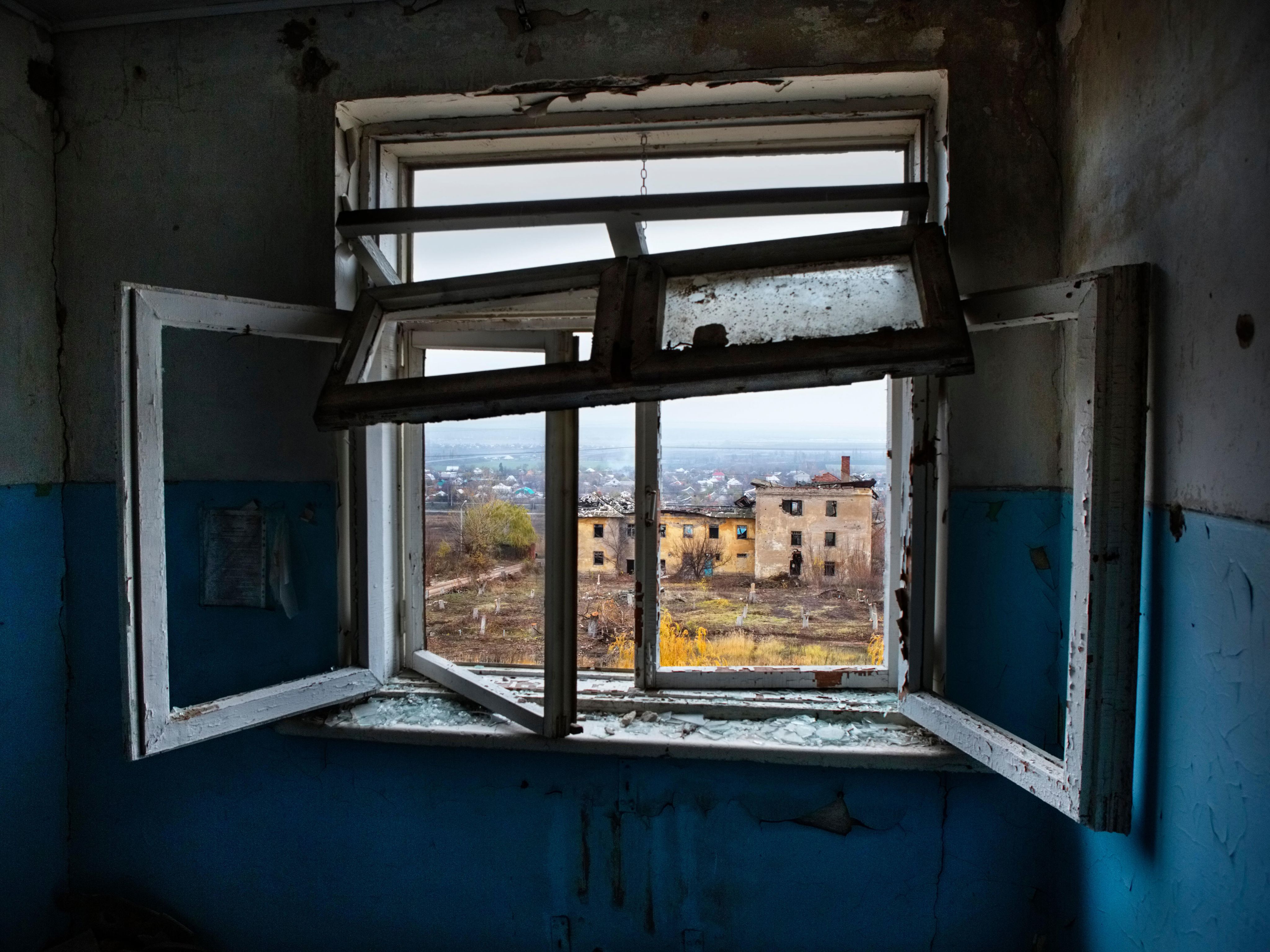 View from the destroyed psychiatric hospital in Semenivka, Donetsk Oblast, eastern Ukraine
