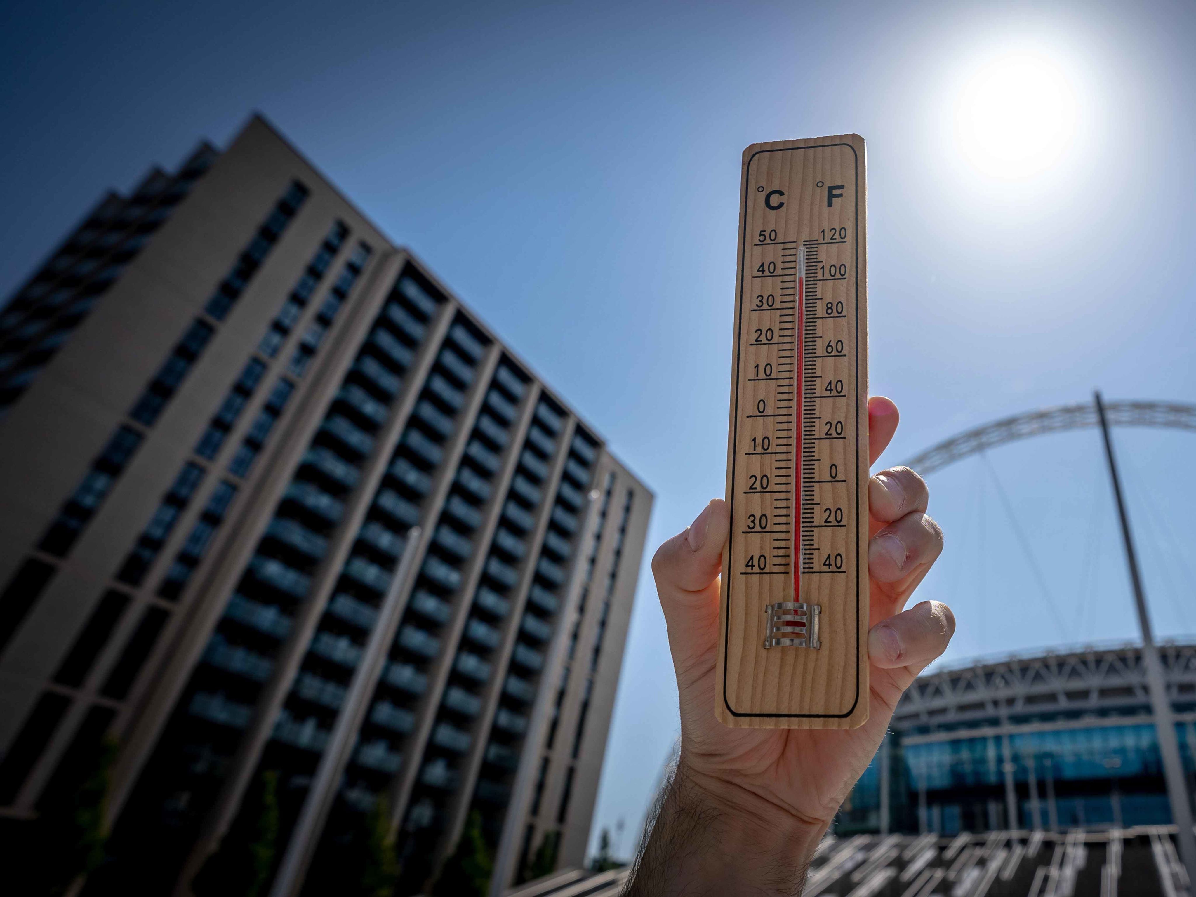 Thermometer showing high temperatures outside Wembley Stadium, London