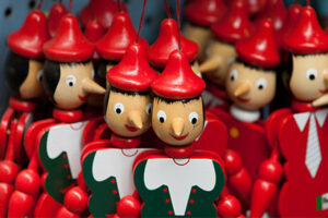 Close up of wooden Pinocchio puppets in a shop