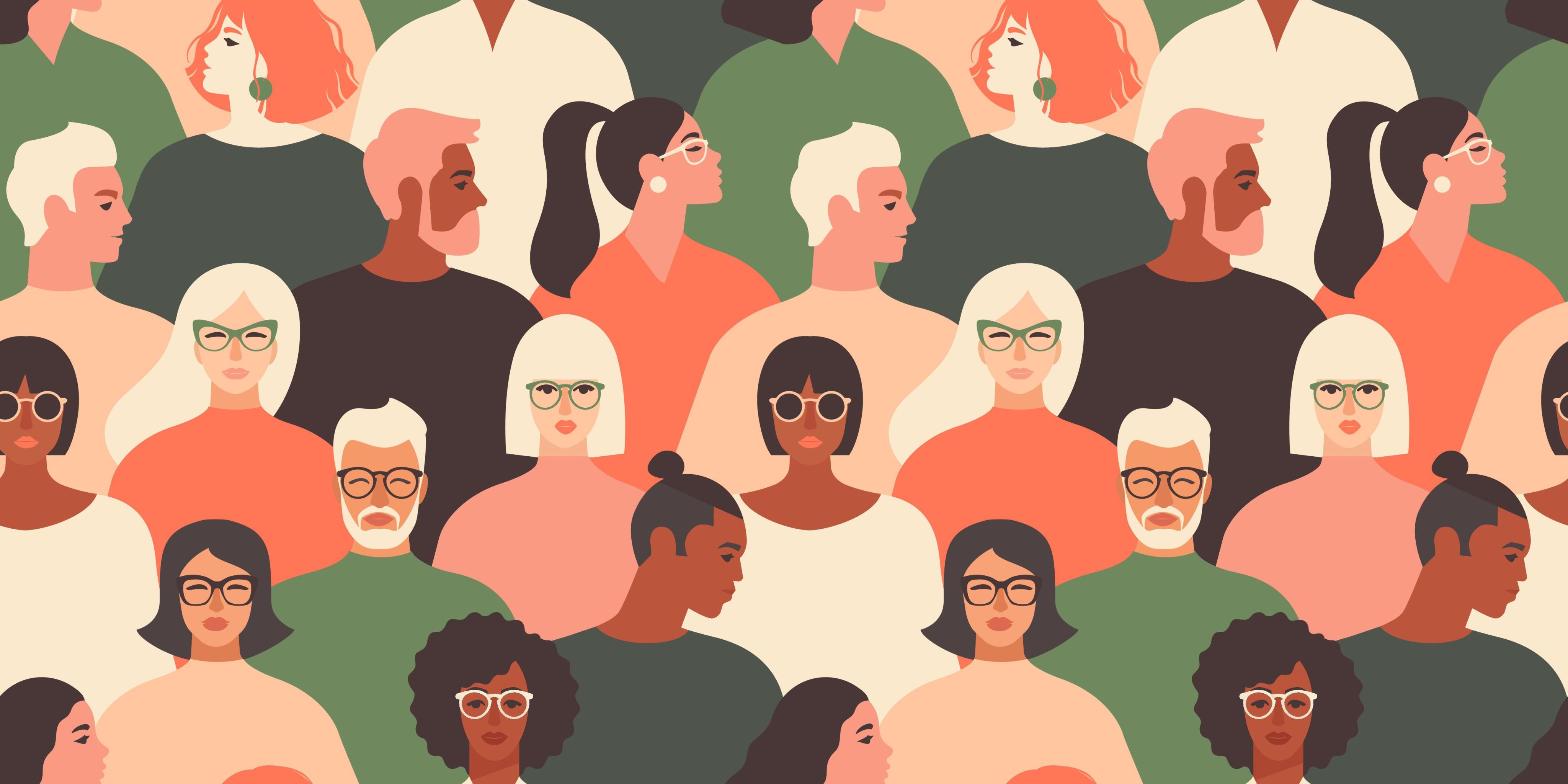 Crowd of people of diverse appearances, skin tones, and ages