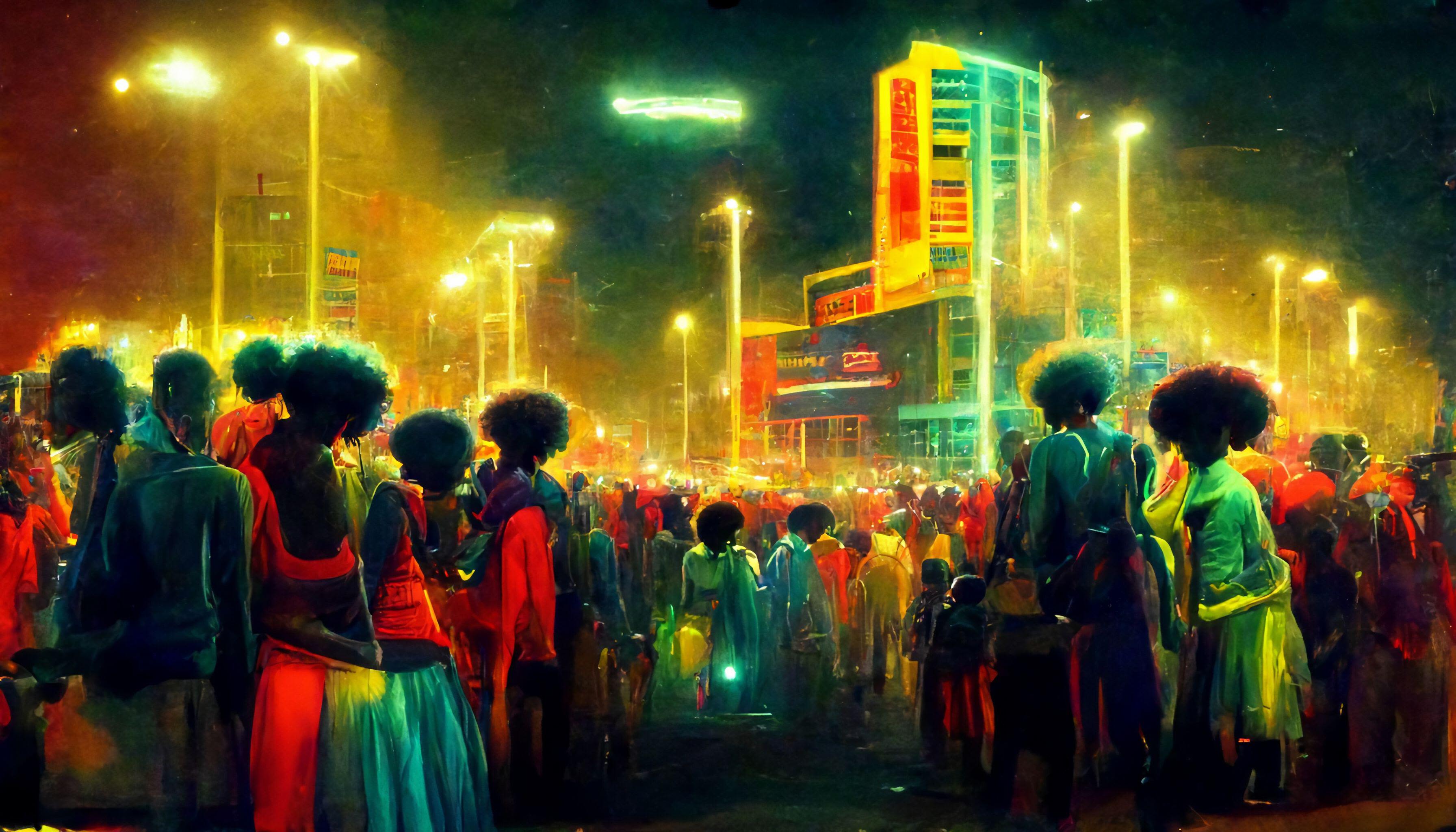 A futuristic abstract digital painting in the style of Afrofuturism featuring neon, crowds and a city backdrop