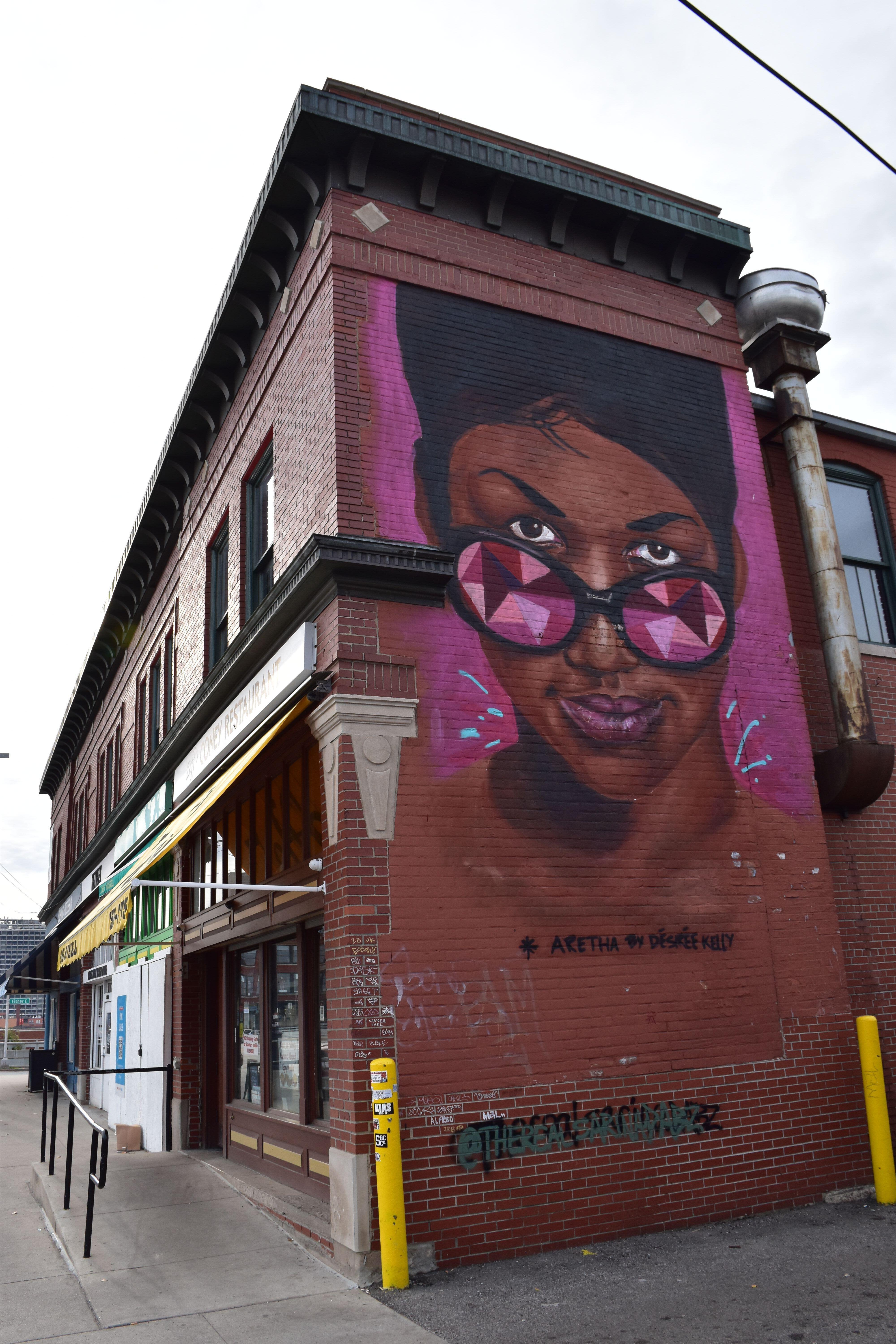 A mural depicting Aretha Franklin by Desiree Kelly on the corner of Winder St & Russel St in Eastern Market, Detroit, Michigan, USA