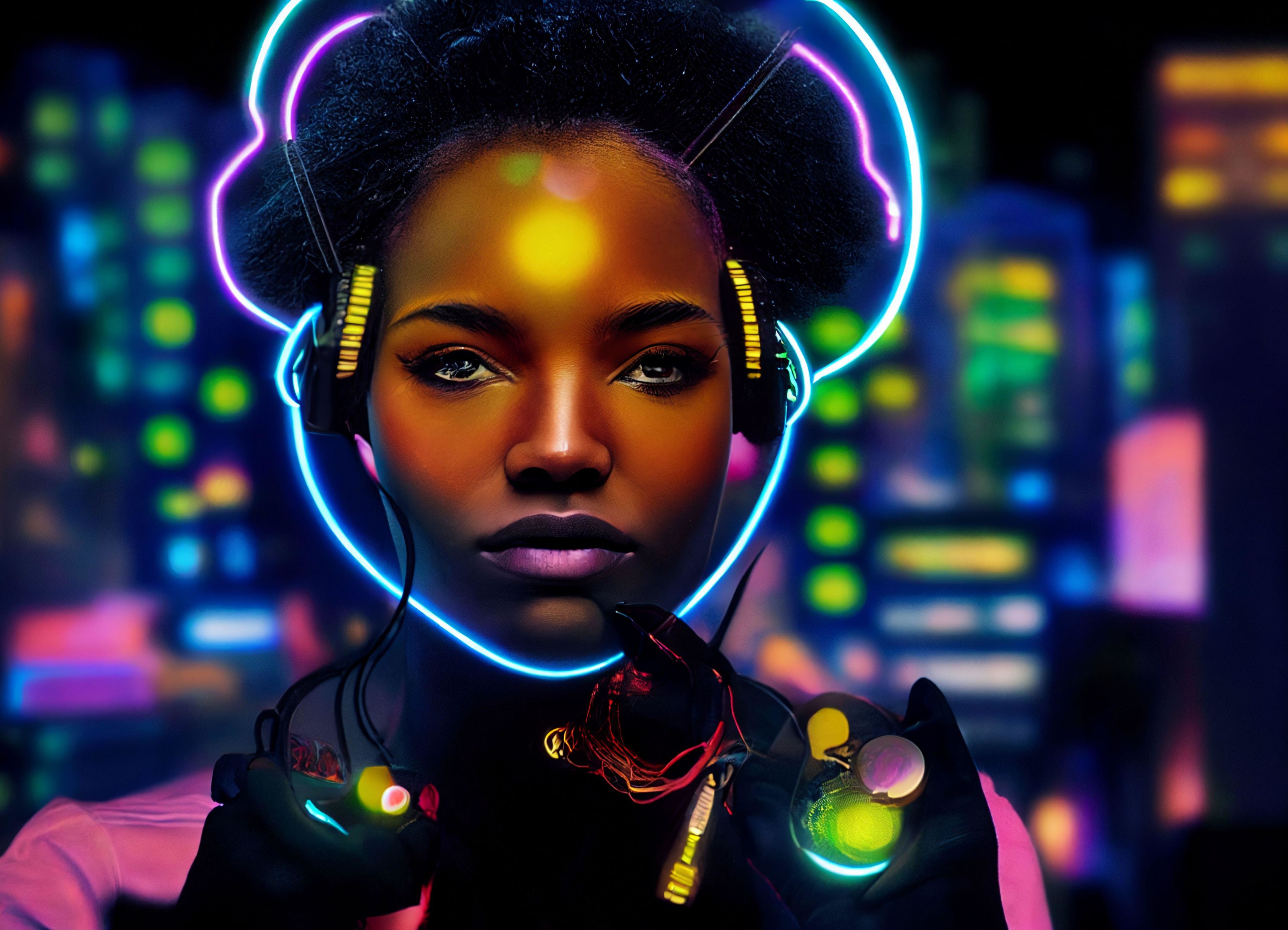 An Afrofuturism style digital illustration of a woman.