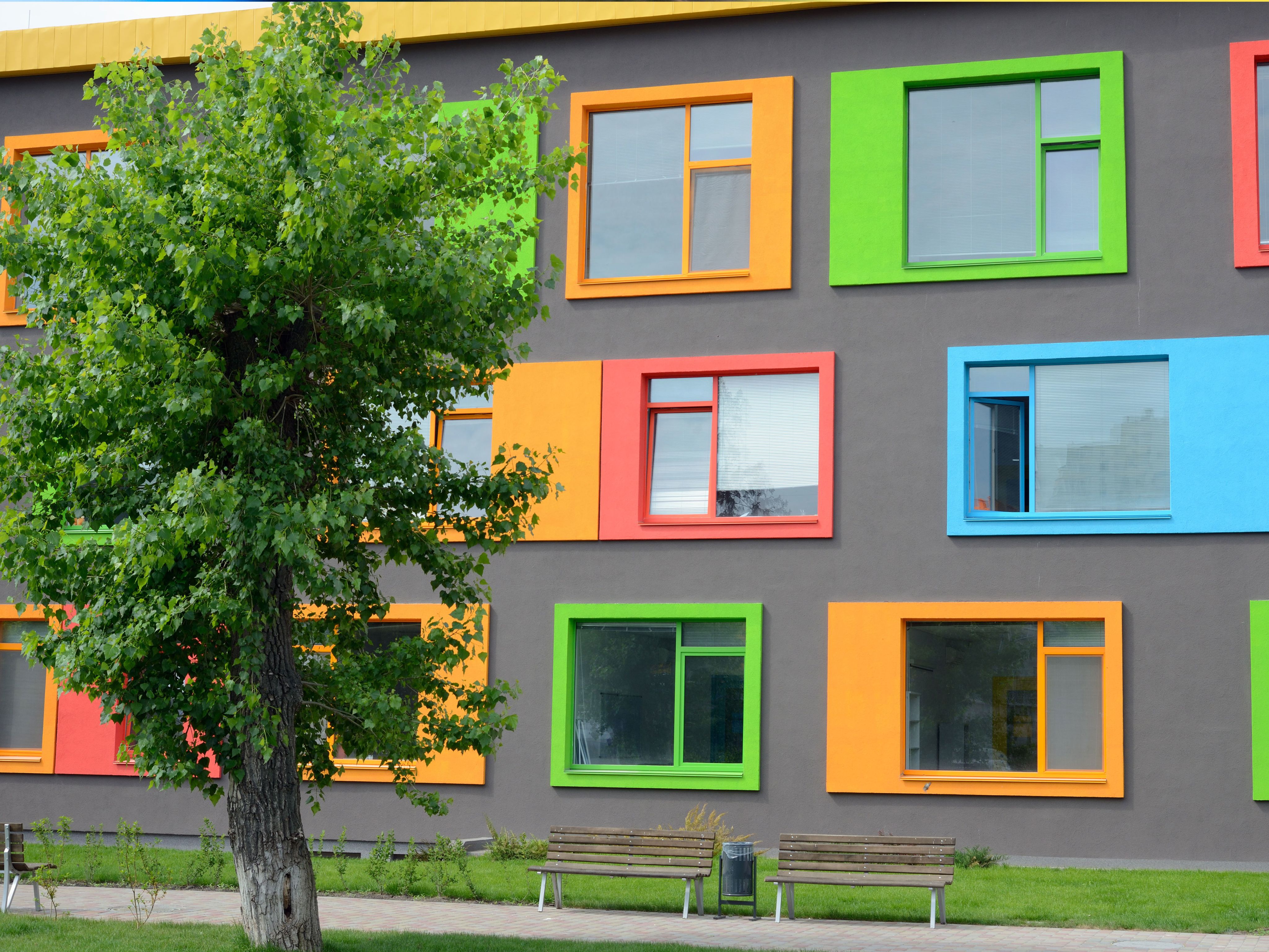 Facade of a school in Kyiv, Ukraine