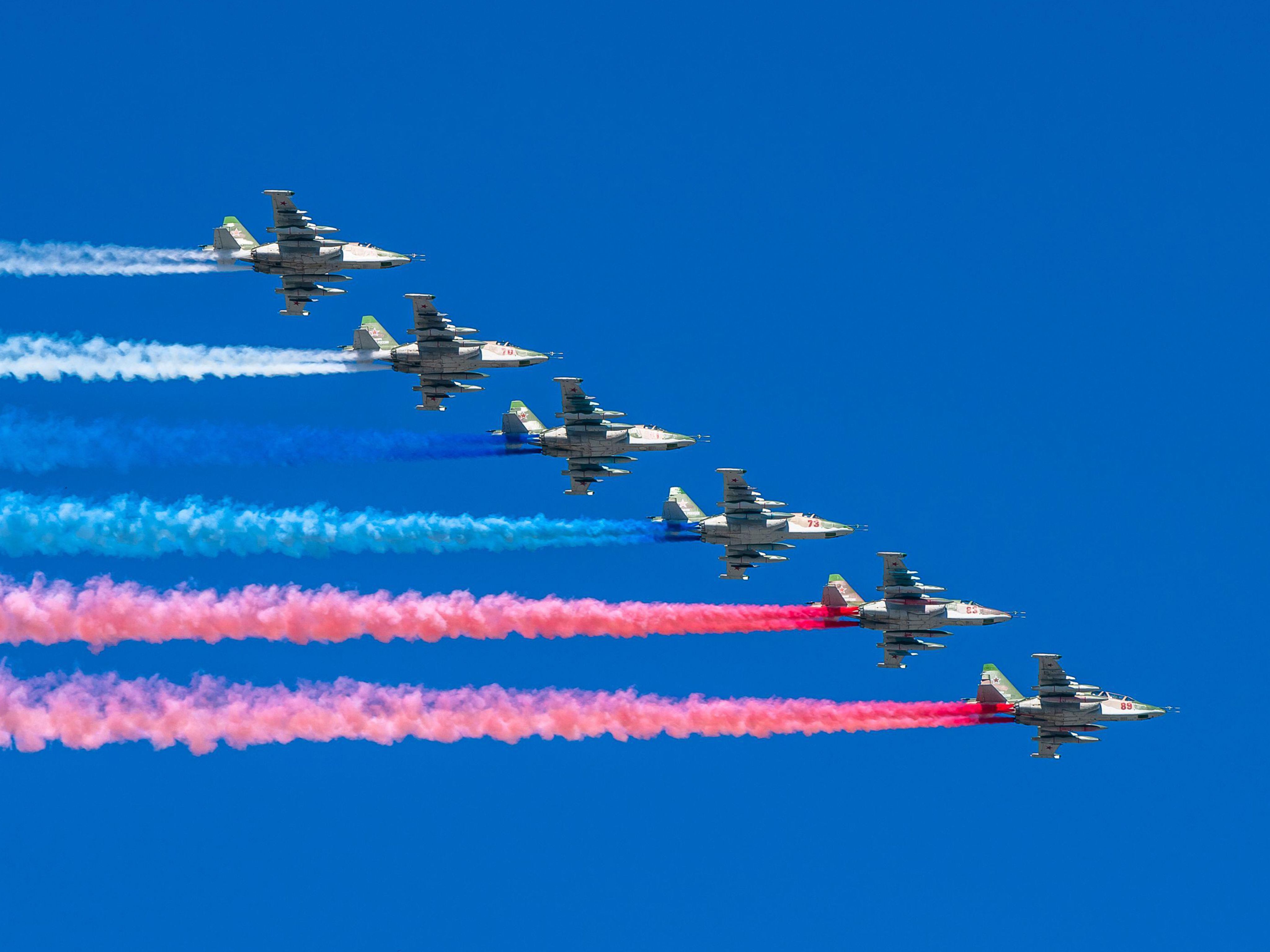 A group of Russian fighters in the sky on navy day parade in St. Petersburg, Russia