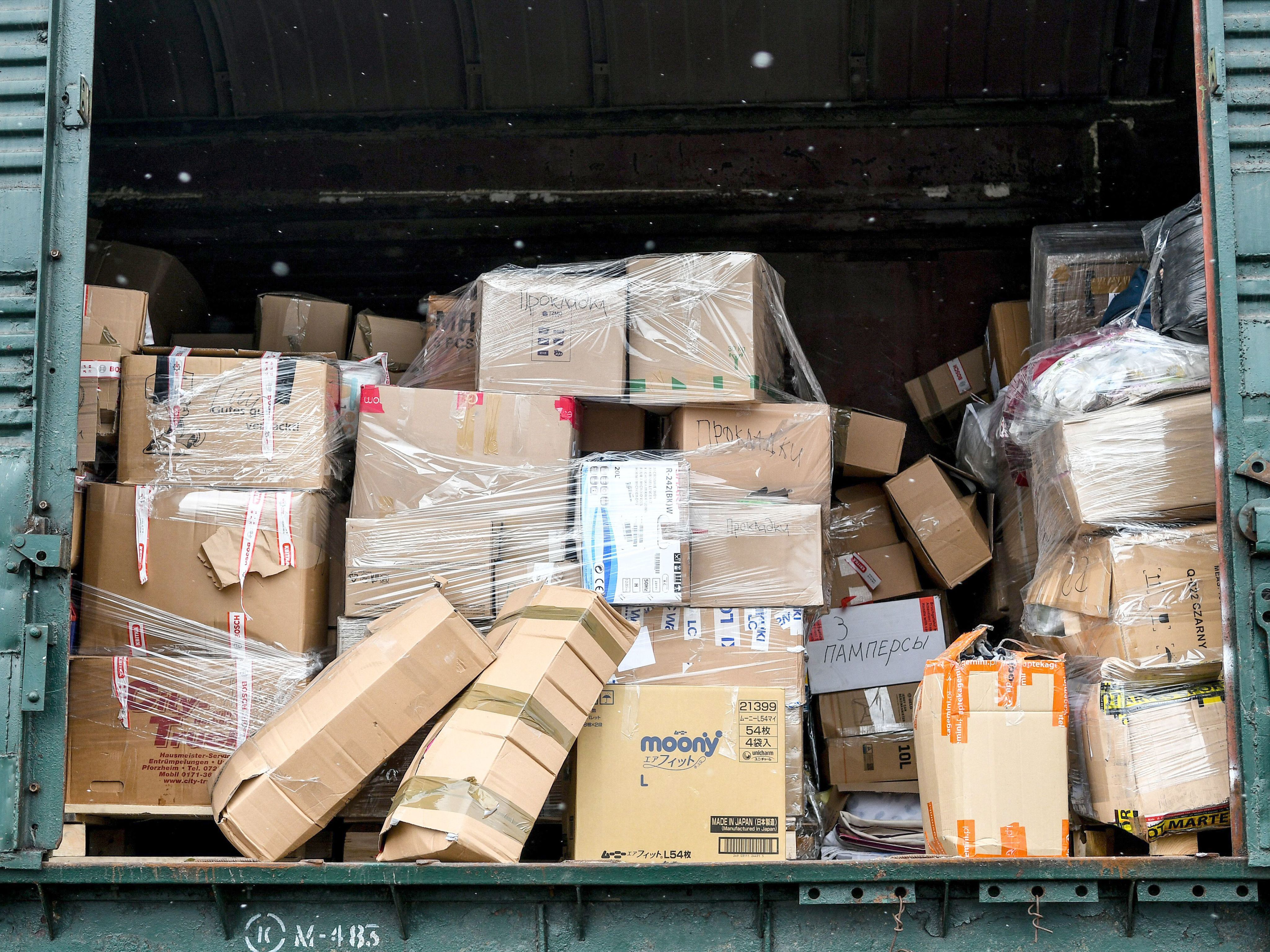 Boxes of humanitarian aid bound for Ukraine