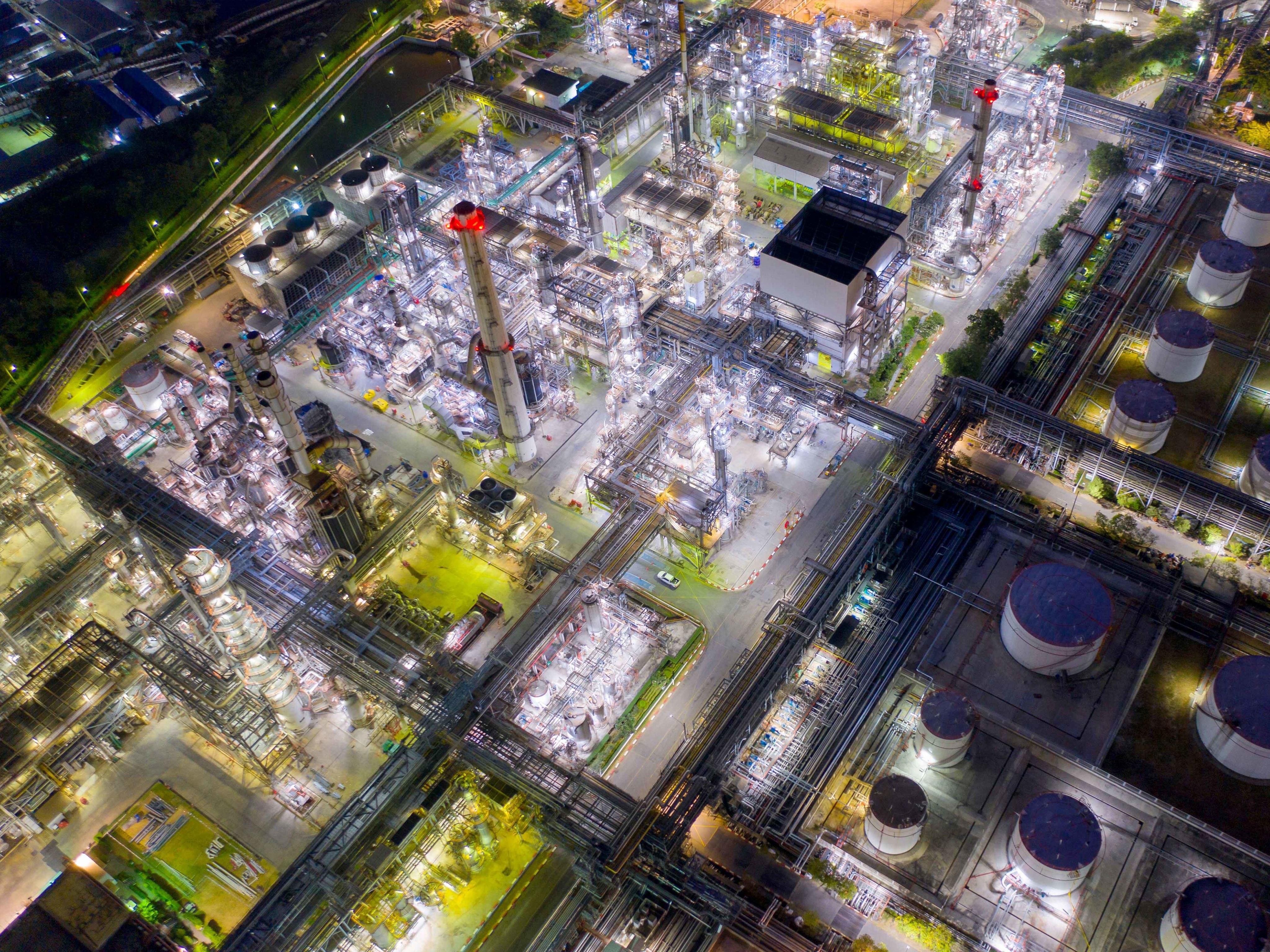 Aerial shot of oil refinery at night
