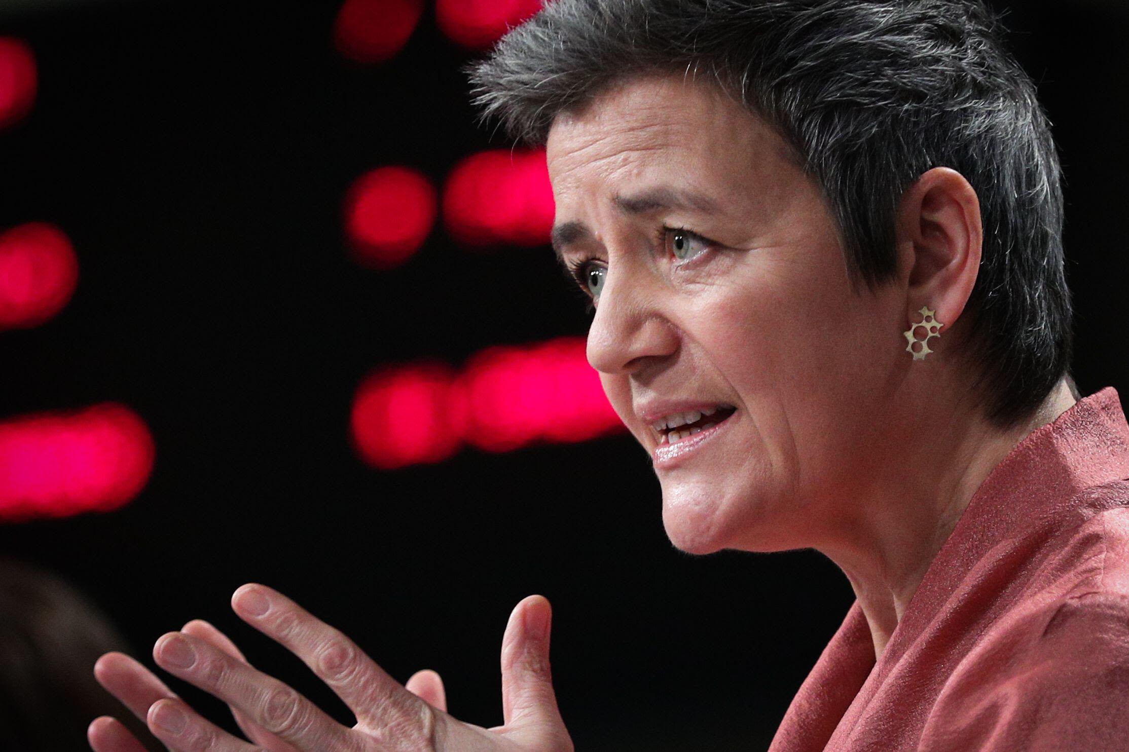European Commission's Executive Vice-President Margrethe Vestager speaks during a press conference about digital transformation, data strategy, and policy options for the development of AI