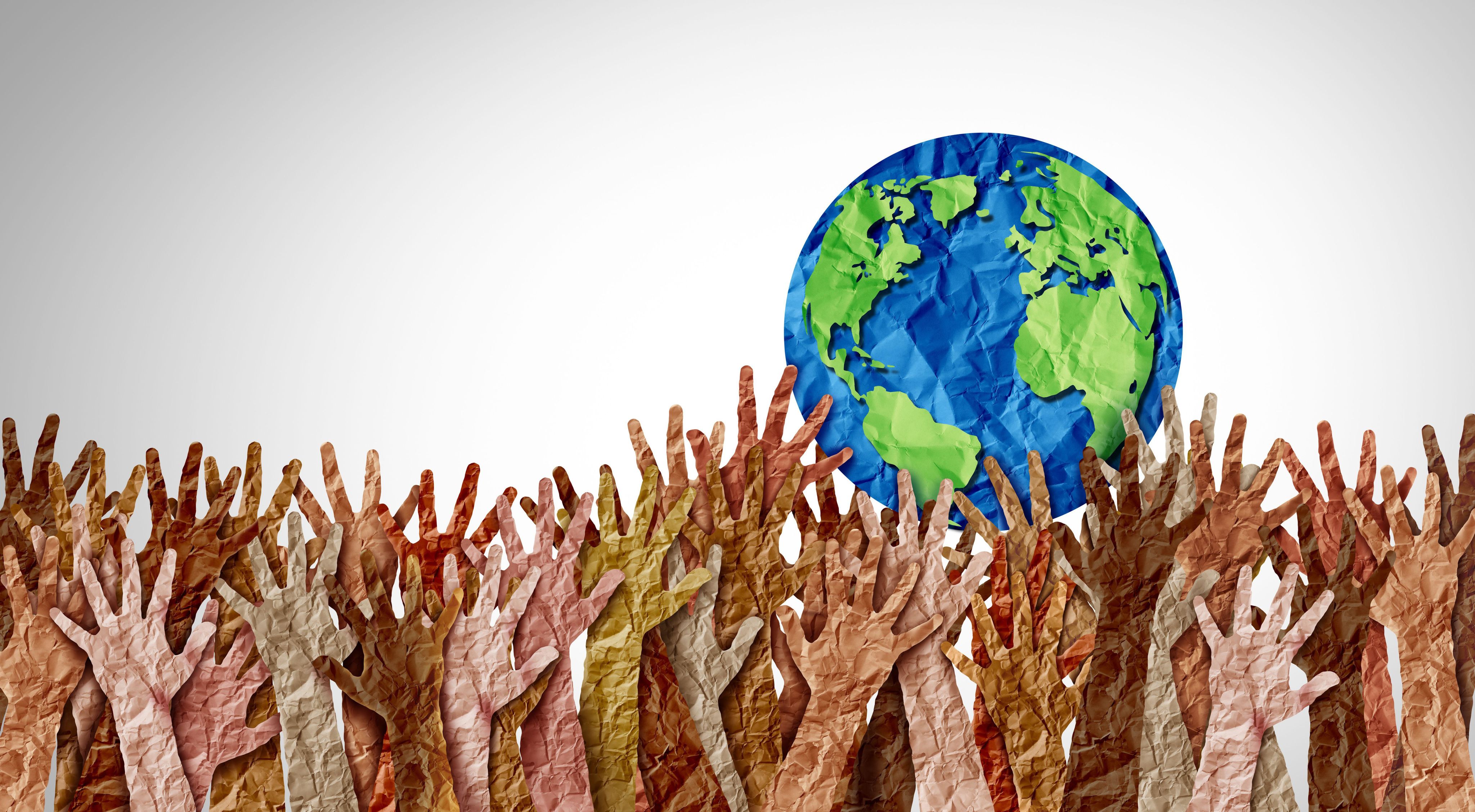 Stylized collage with hands of people with multiple skin tones reaching for the earth.