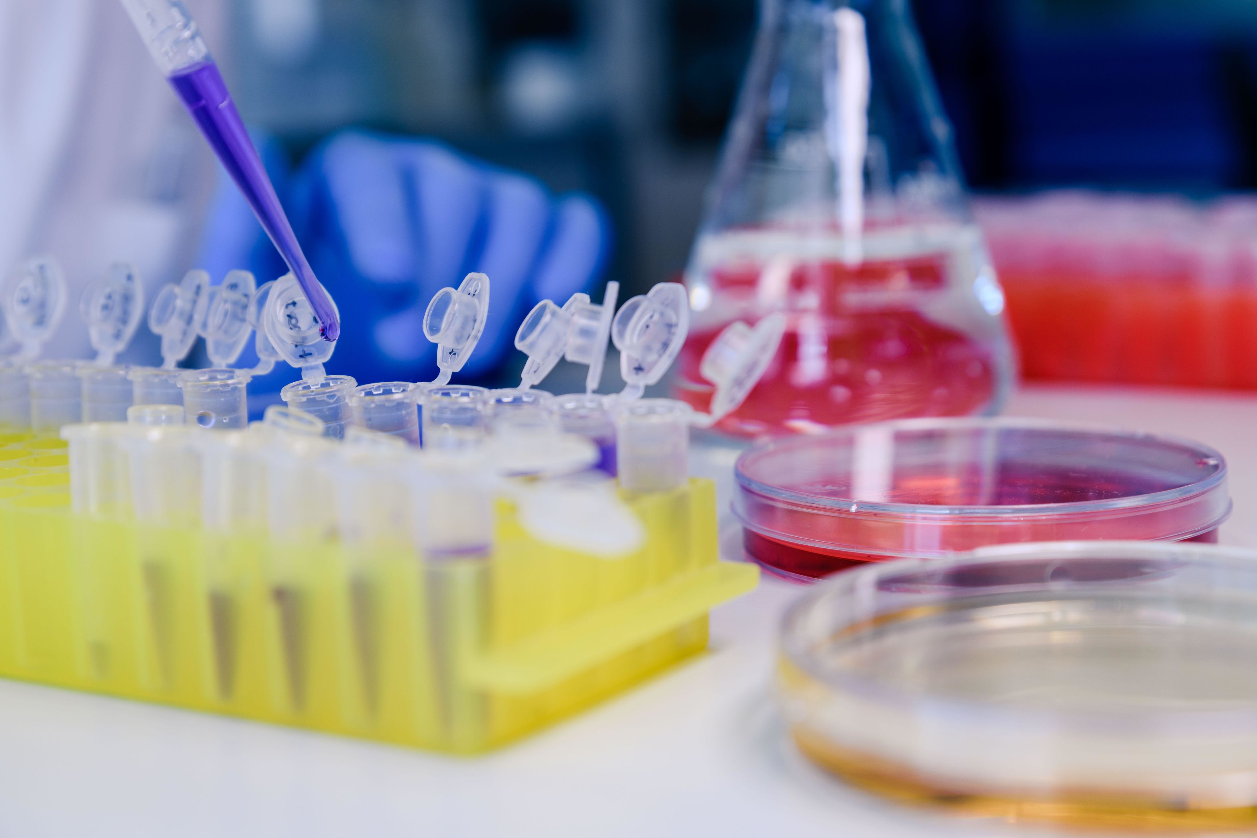 Close up of a pipette and various scientific equipment