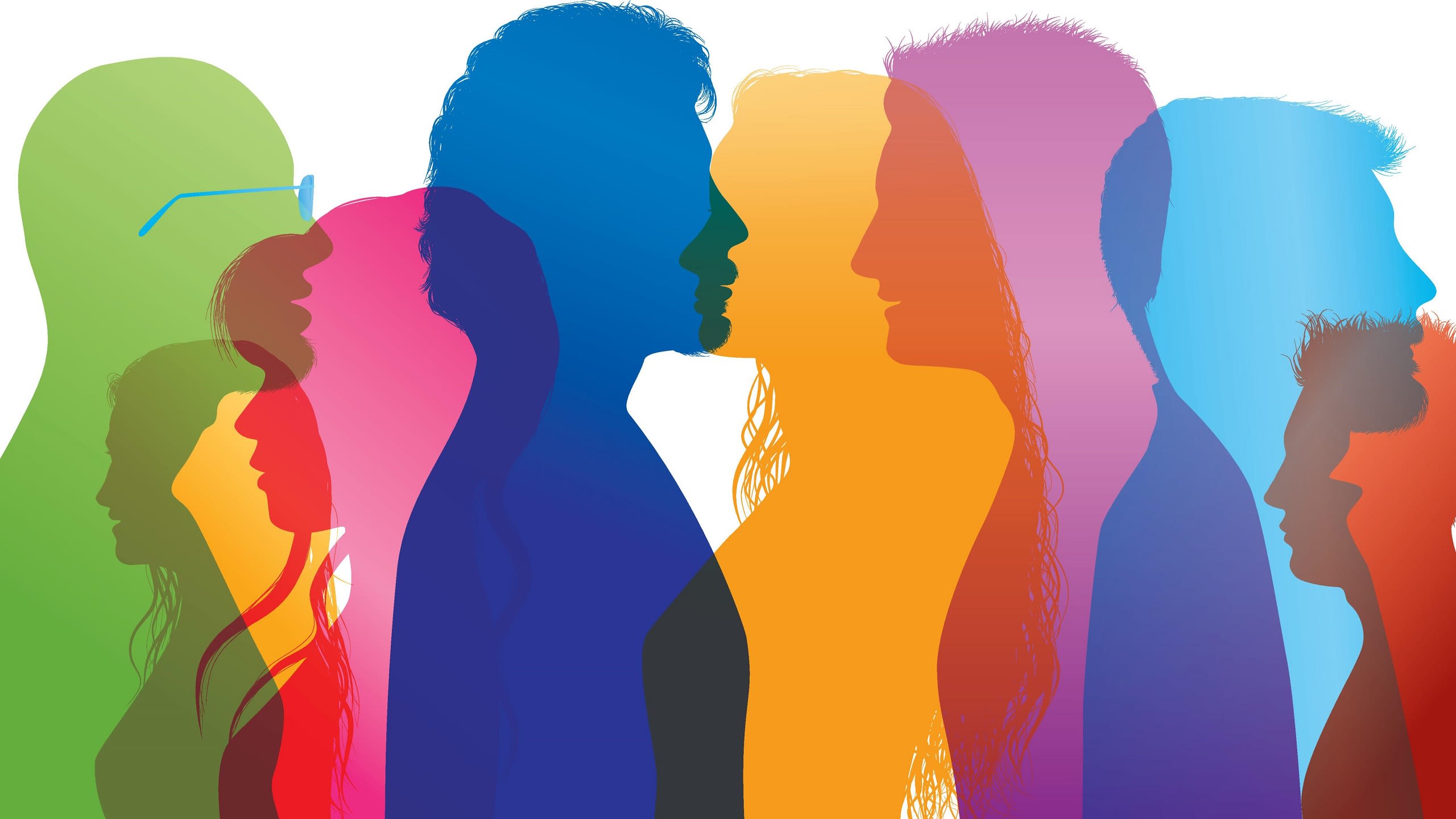 Silhouettes, in rainbow colors, of diverse University students