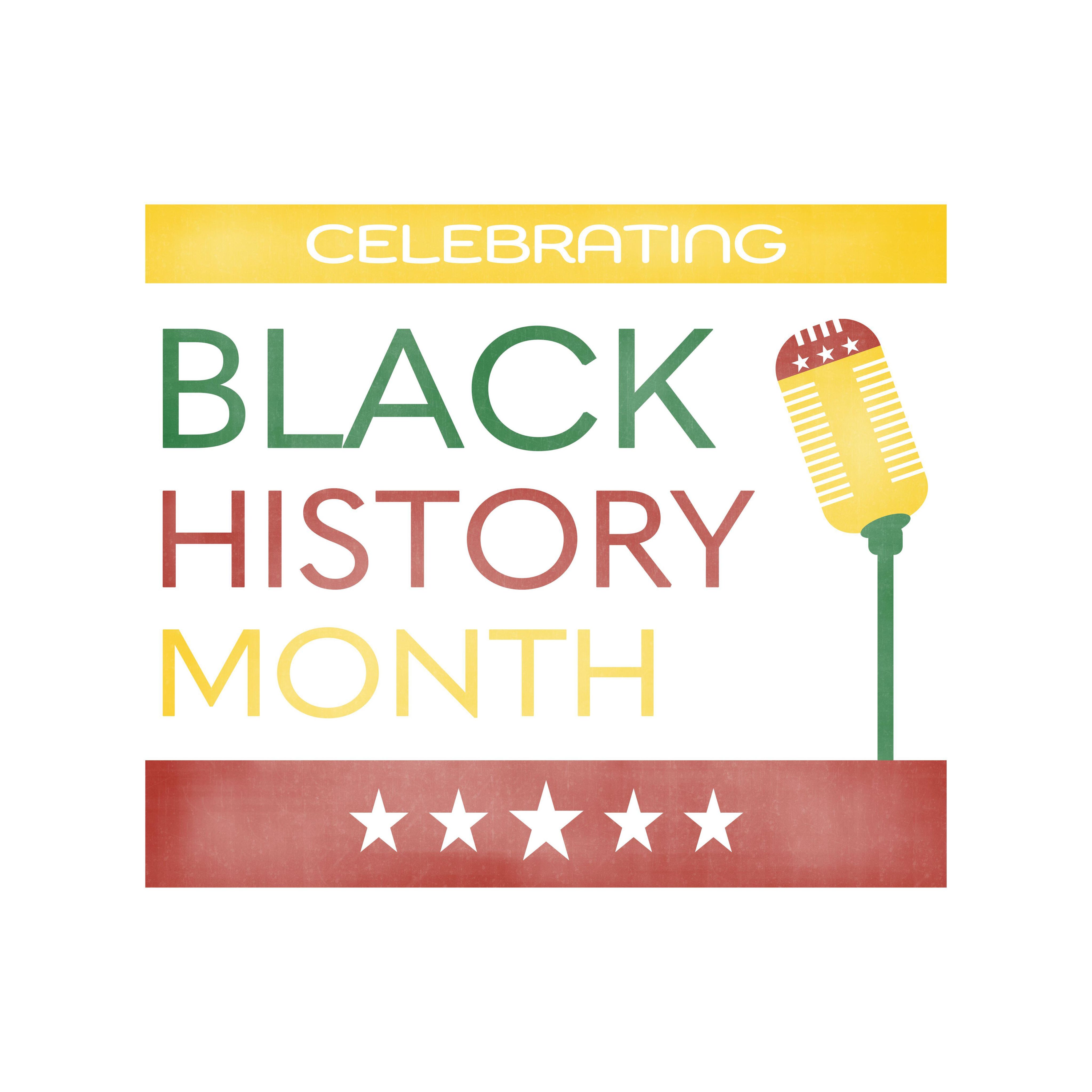 Celebrating Black History Month text with stars and a microphone
