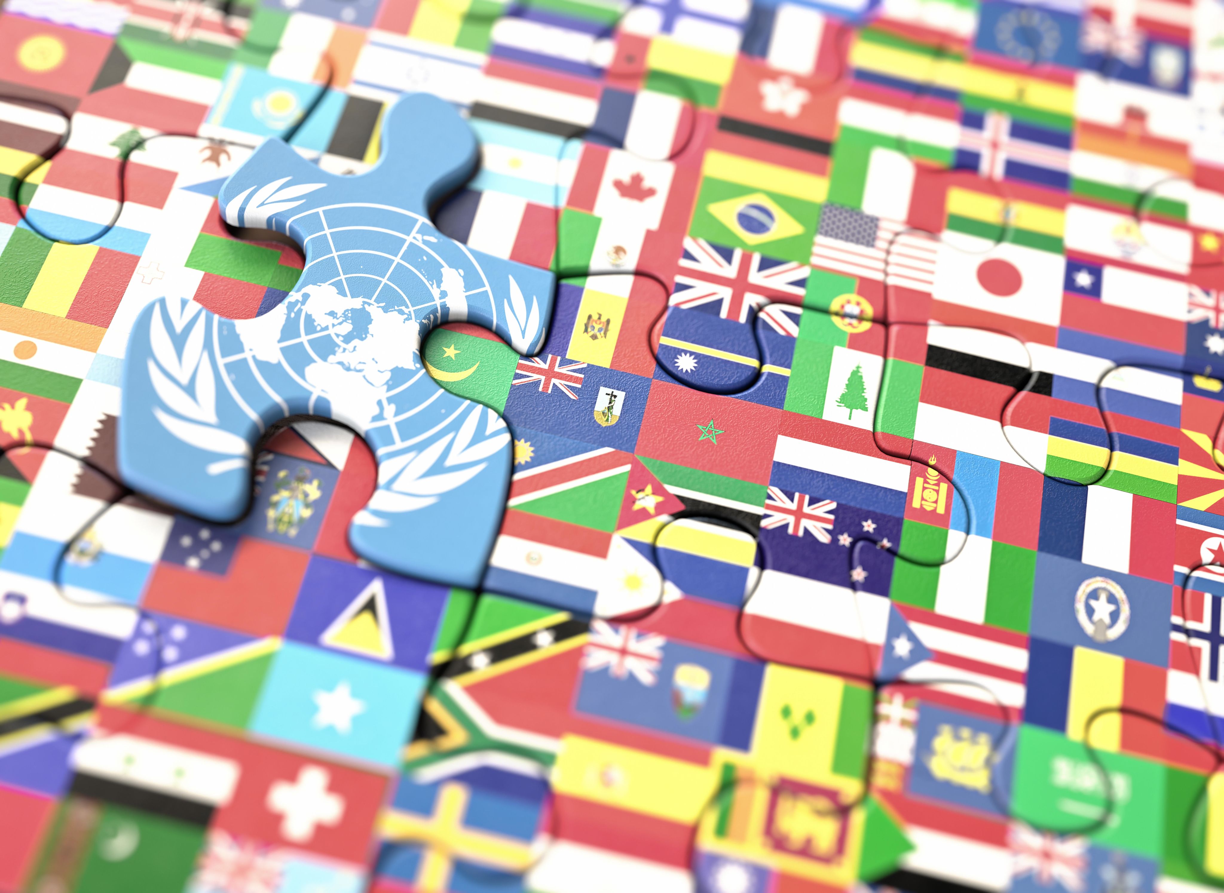 Illustration of flags of the world, made into a puzzle.