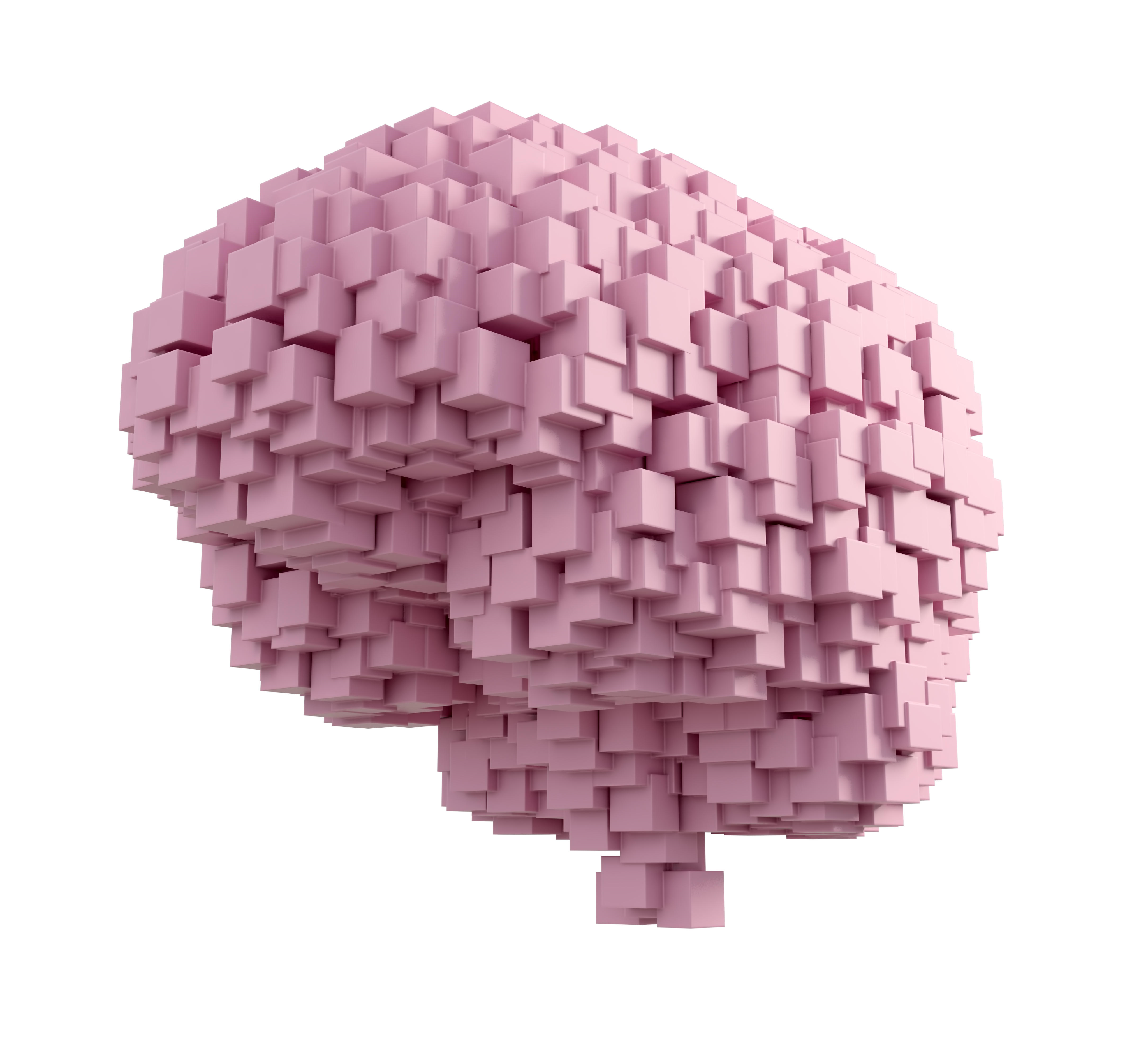 3D illustration of a human brain made up of pale, dusty pink blocks.