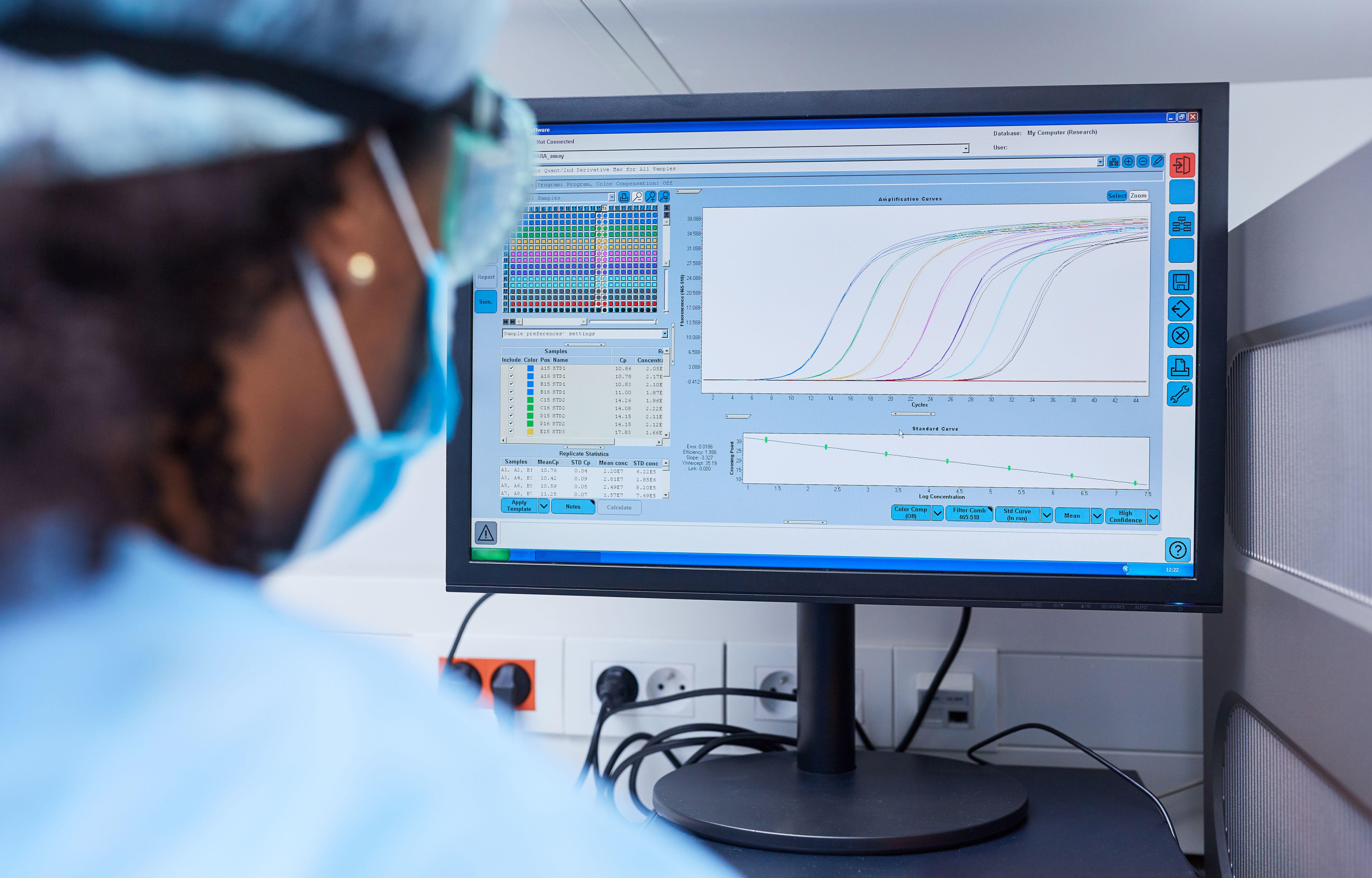 Researcher analyzing data on the computer in the laboratory