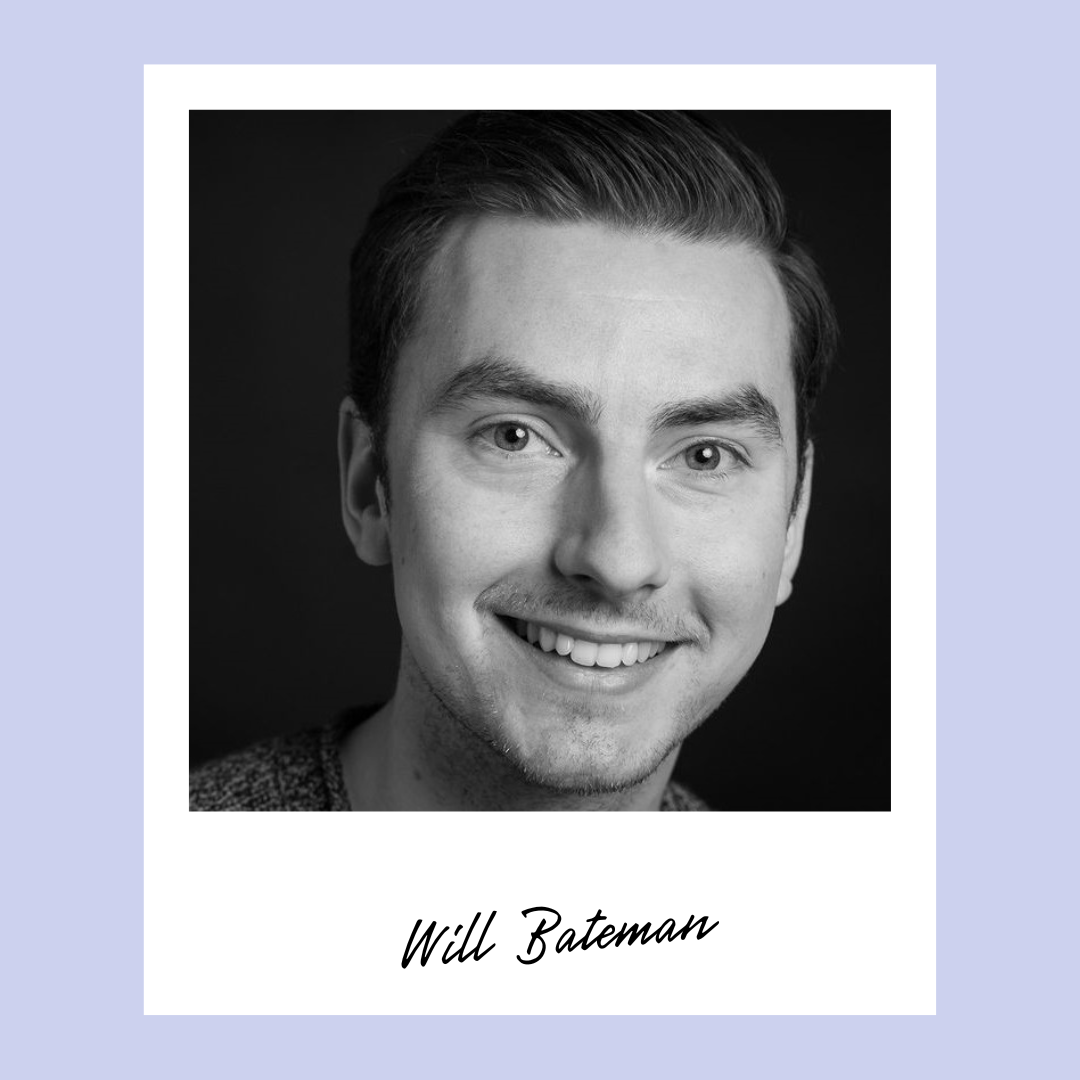 Black and white photo of Will Bateman, it is very close up and mostly his face.