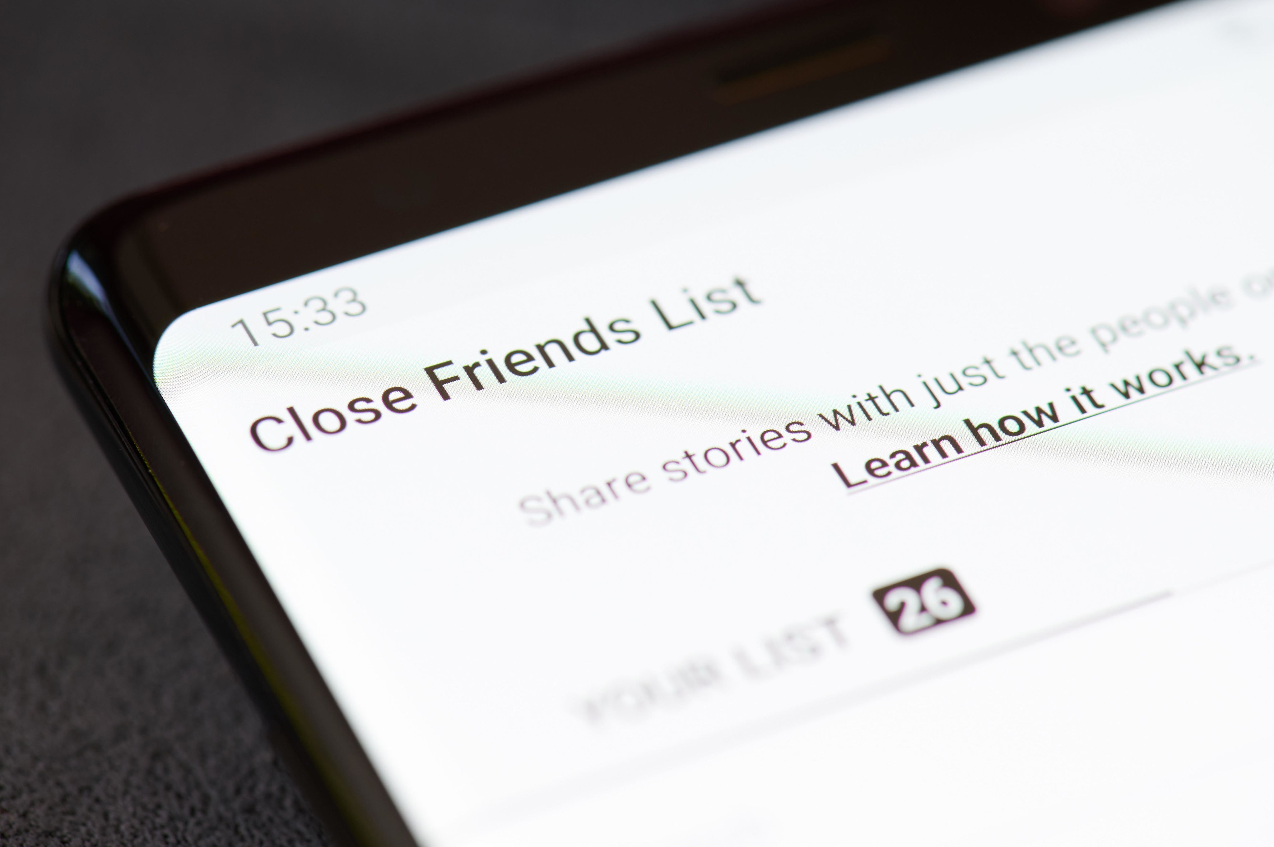 Close friends list on Instagram showing on smartphone