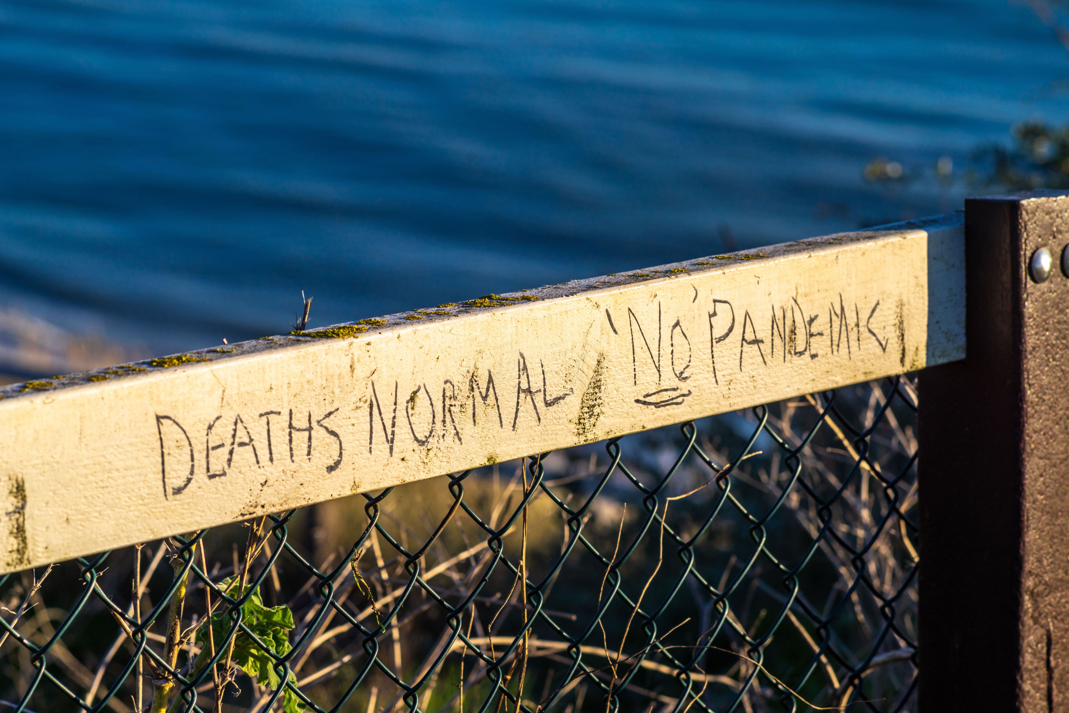 Covid conspiracy graffiti with sea in background