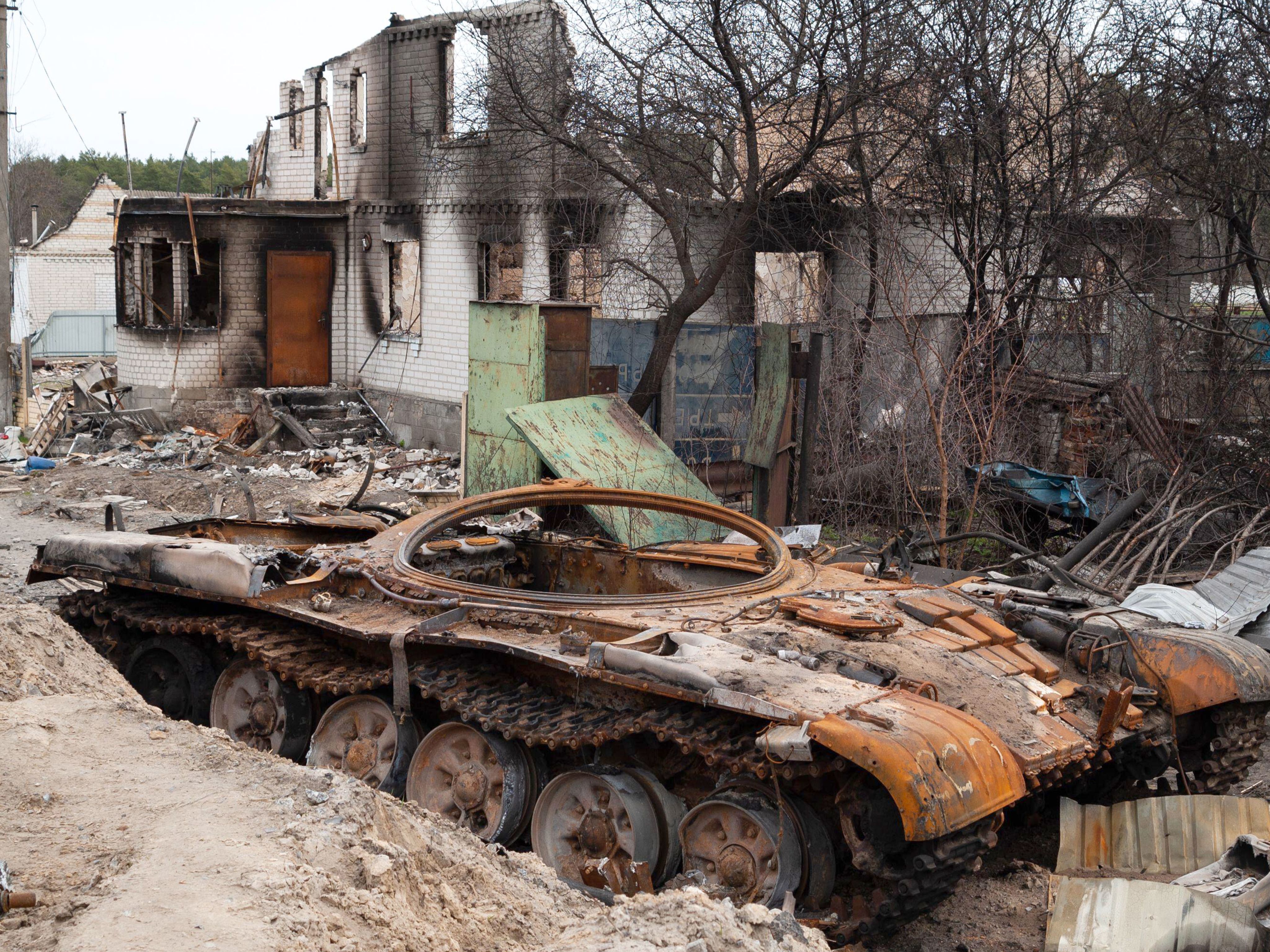 Russian T-72 tank burned by Ukrainian army forces in Kyiv region in Ukraine. Russian aggression in Ukraine.
