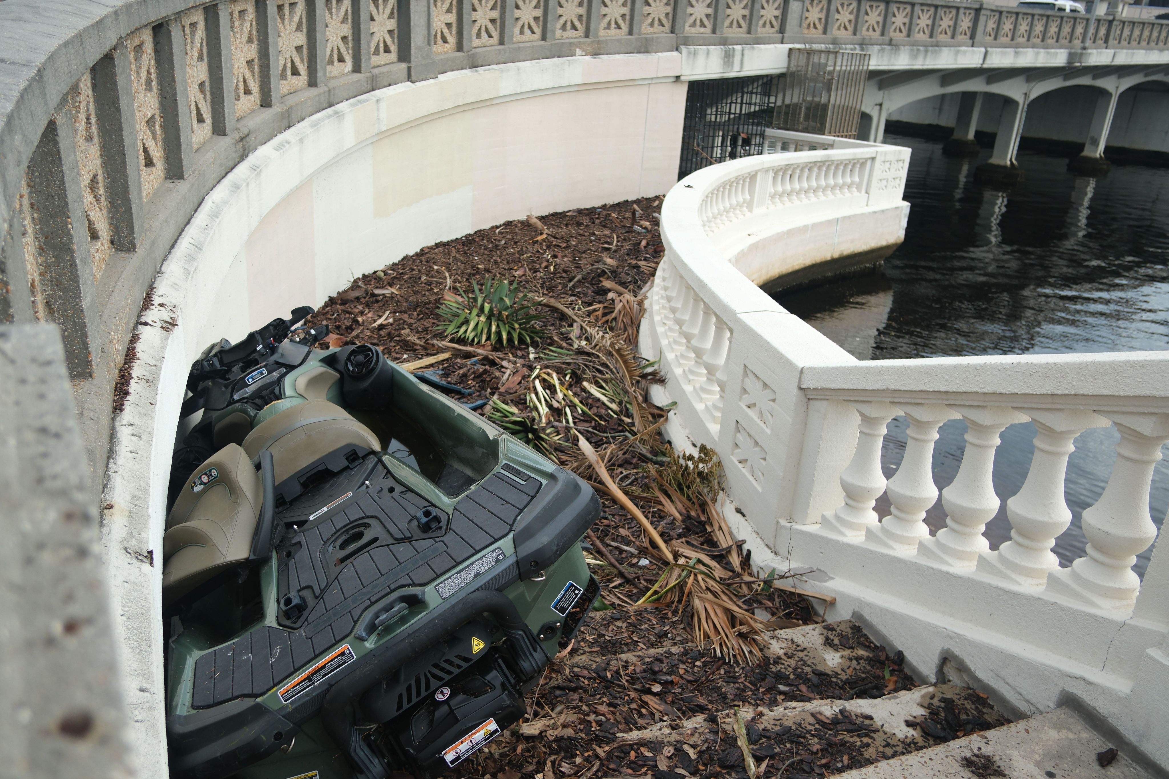 A white staircase covered in debris in downtown Tampa, Florida.in the aftermath of hurricane Helene