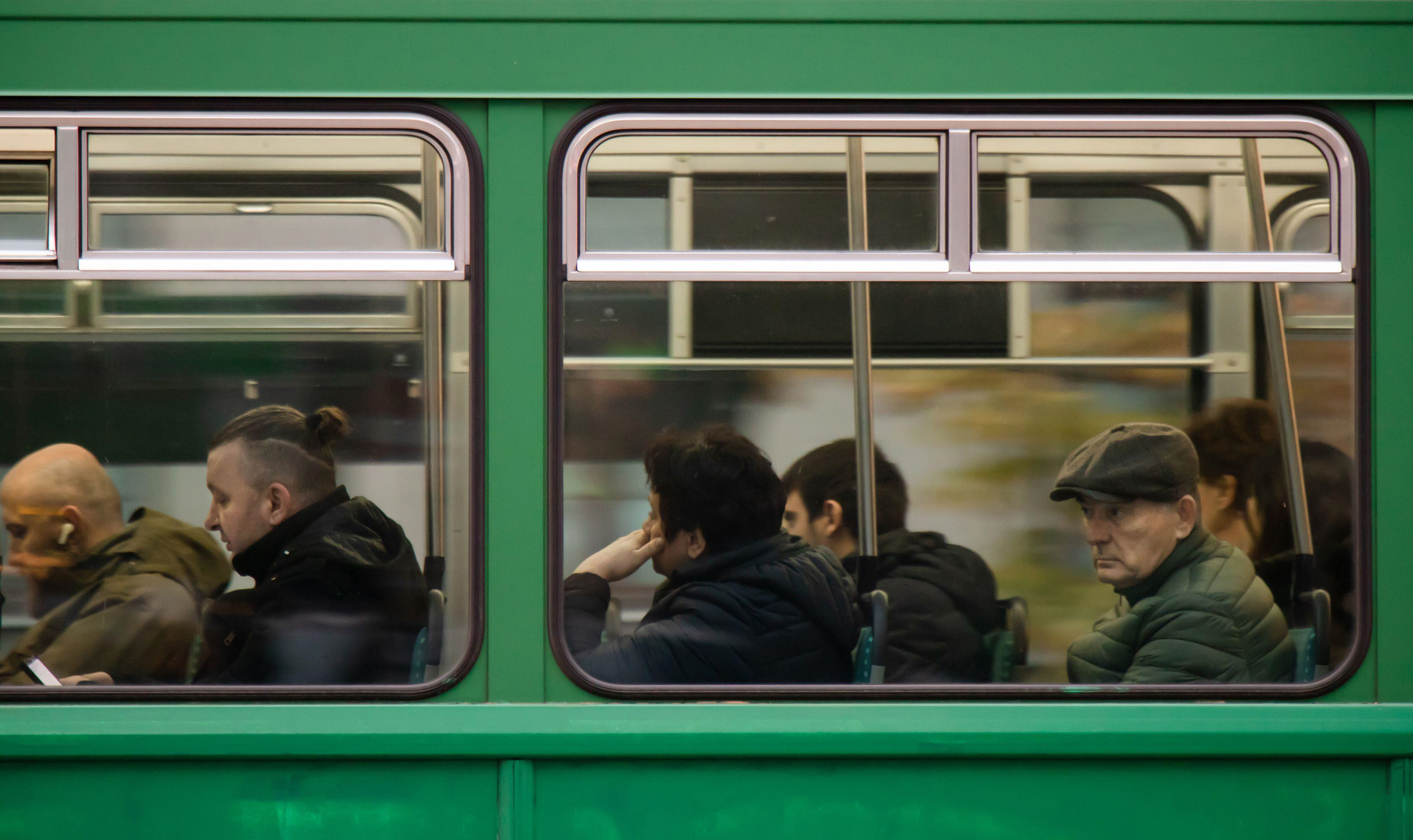 People on a bus in Belgrade, Serbia.