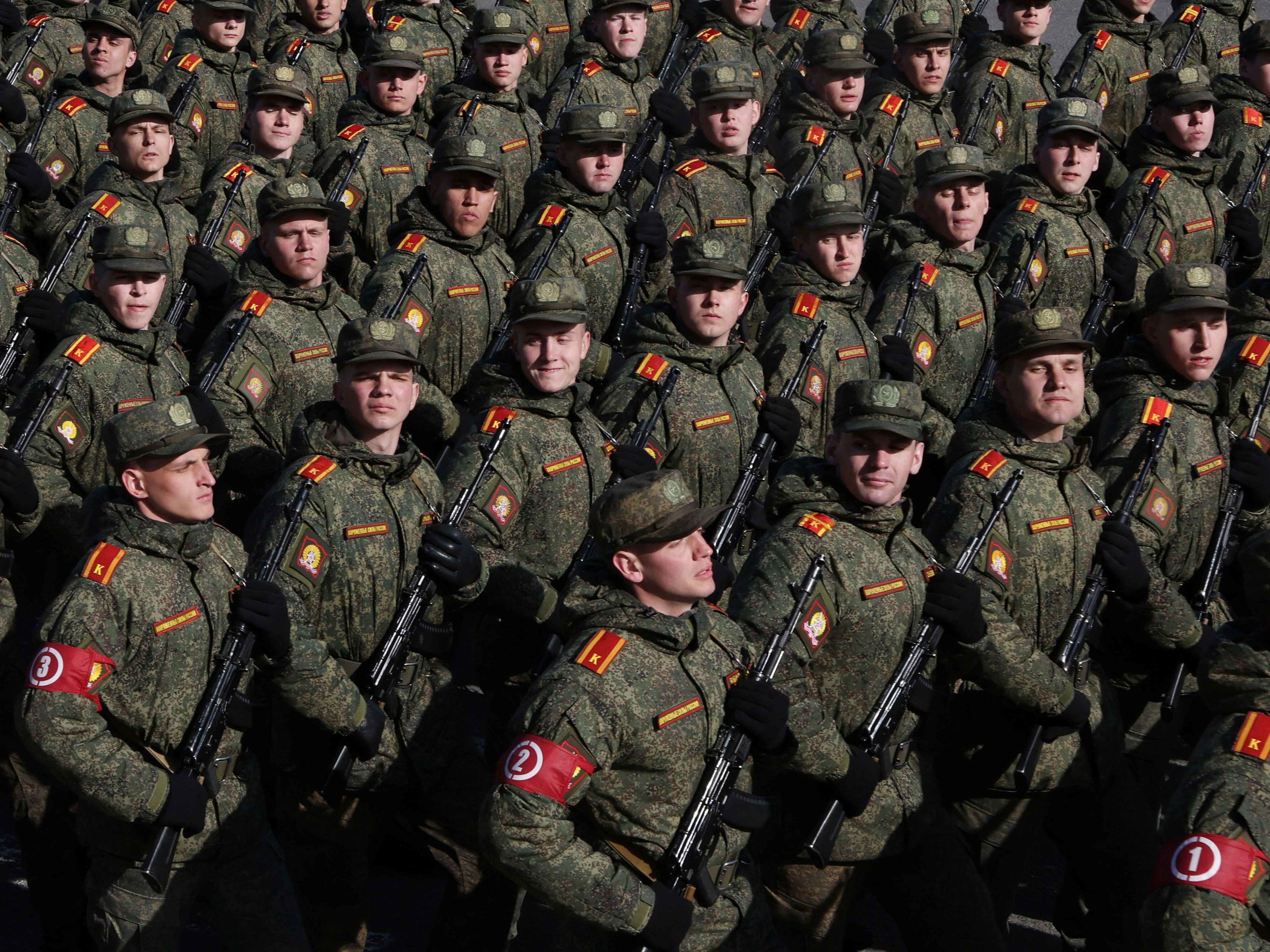 Russian service members take part in a rehearsal for the Victory Day parade