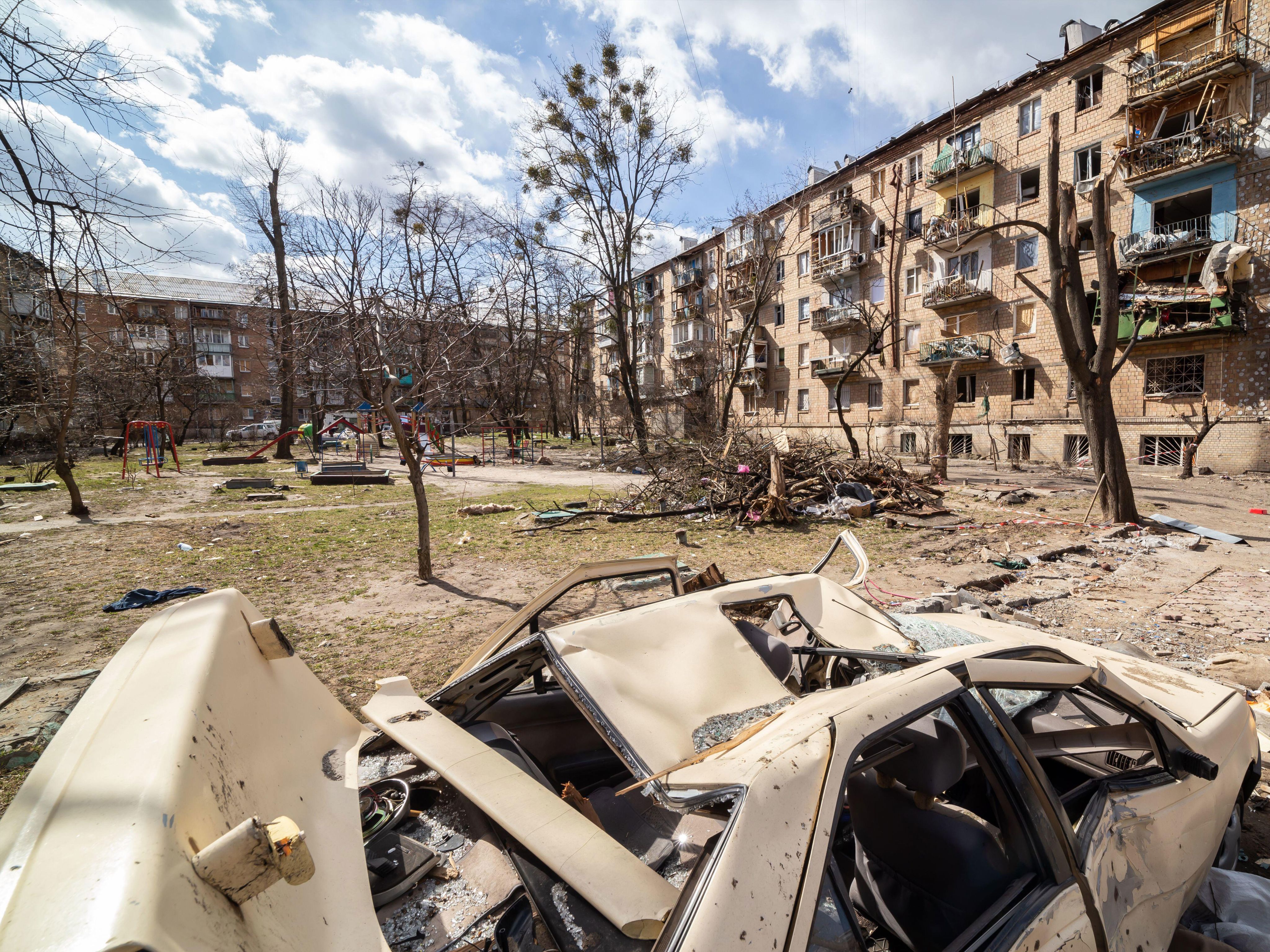A shelled building in Kyiv