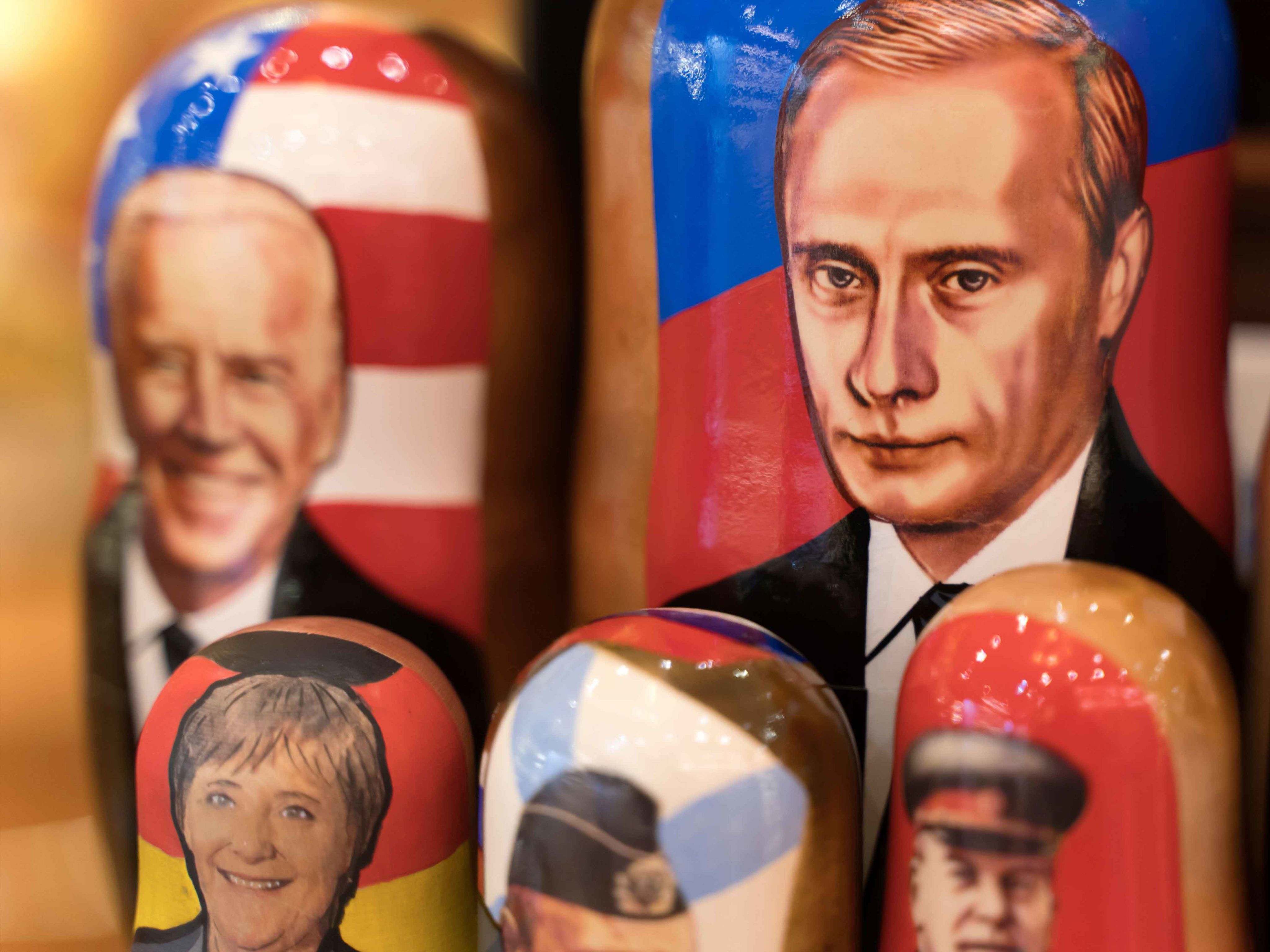 Putin and Biden in the form of Russian nesting dolls in a gift shop in Moscow